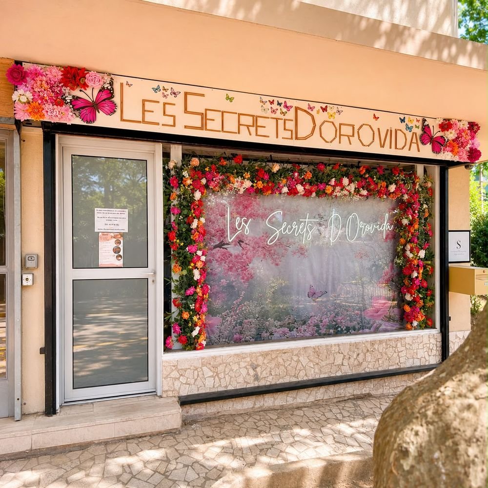 Devanture fleurie du salon Les Secrets D'Orovida à Toulon