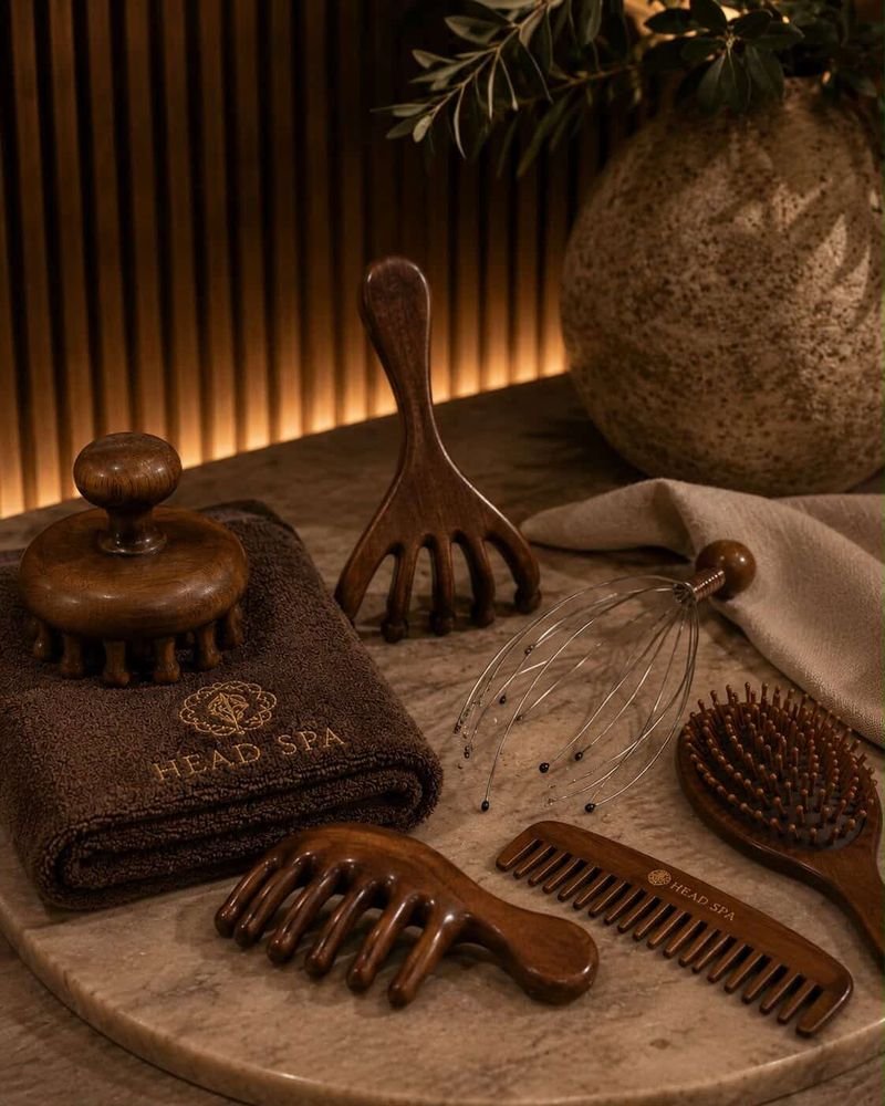 Outils de massage du cuir chevelu en bois, peigne et brosse sur une serviette Head Spa