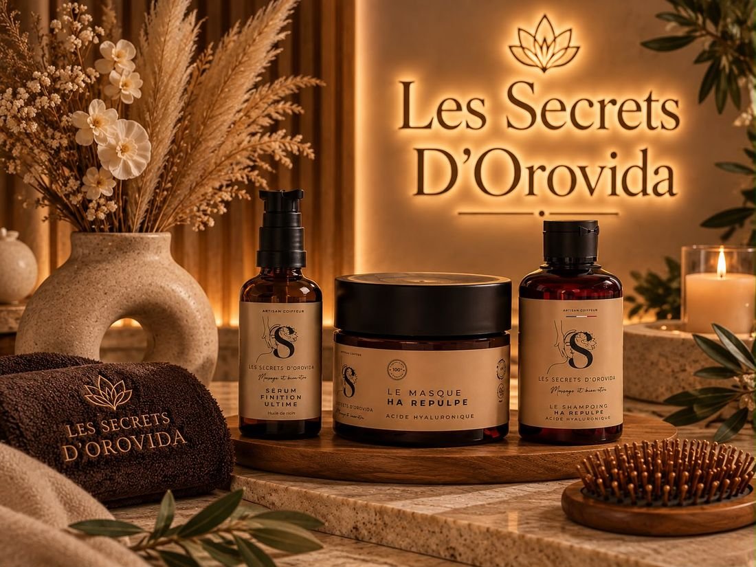 Shampoing, masque et sérum Les Secrets D'Orovida posés devant l'enseigne lumineuse